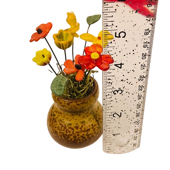 Miniature Czech Glass Flowers in Pottery Vase 5” Midcentury Vintage Boho Orange - Picture 9 of 12